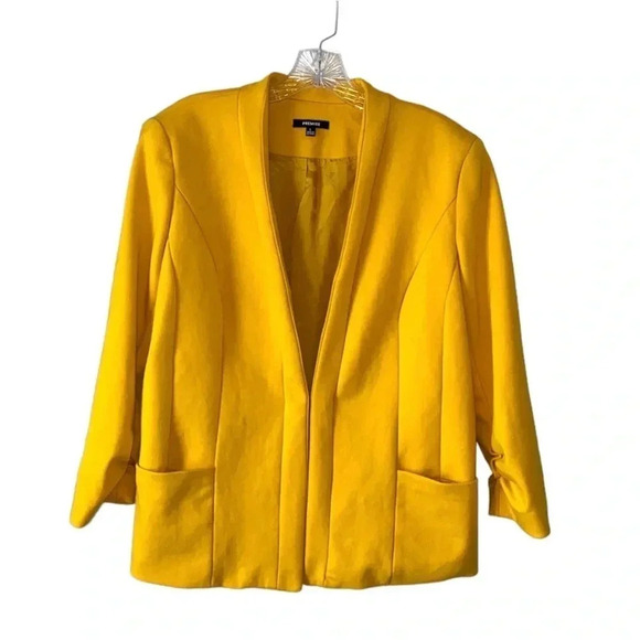 PREMISE | Women's Mustard 3/4 Ruched Sleeve Lined Blazer Jacket Size L - Picture 2 of 7